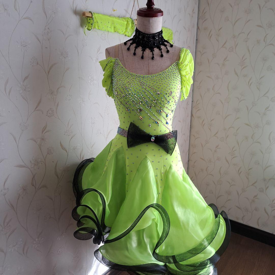 社交ダンス　ラテン蛍光イエローグリーンドレス　チョーカースワロフスキーベルト付き