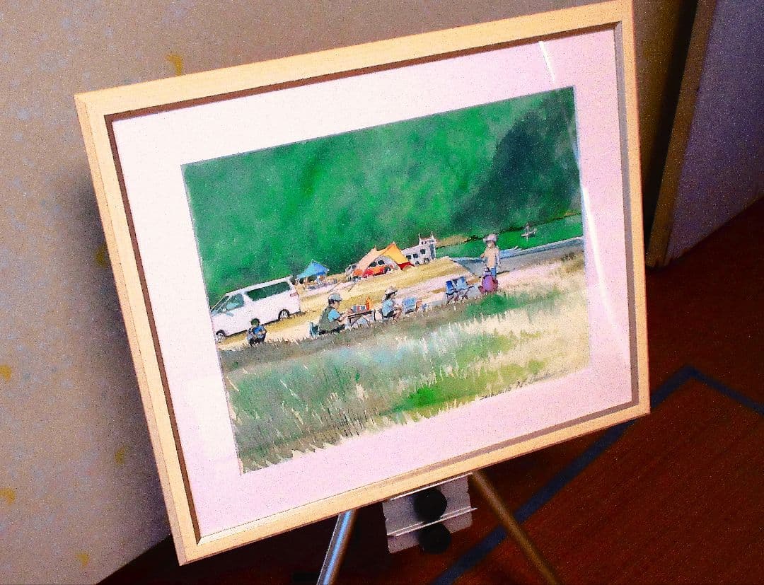 キャンプ風景 水彩画 額縁付き
