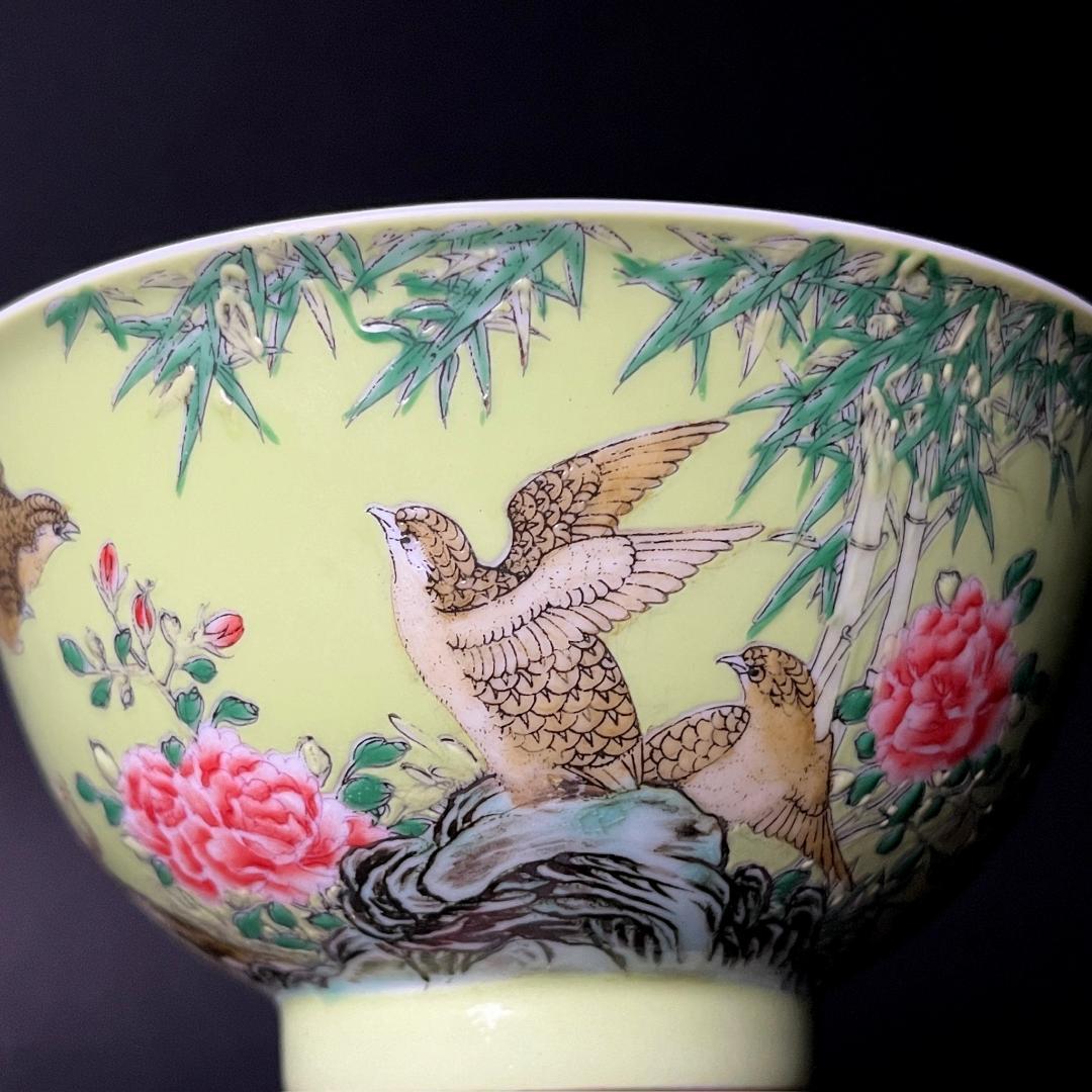 唐物 緑地粉彩花鳥紋漢詩碗 一対 雍正御製 款 中国美術 古玩 SN819