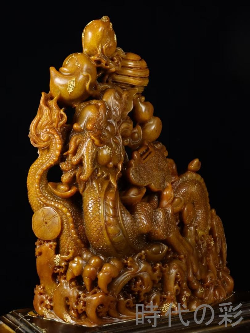中国古美術【寿山石田黄石 金龍献宝】篆刻家 西鳳作款 旧蔵重器 鏤空細工 在銘