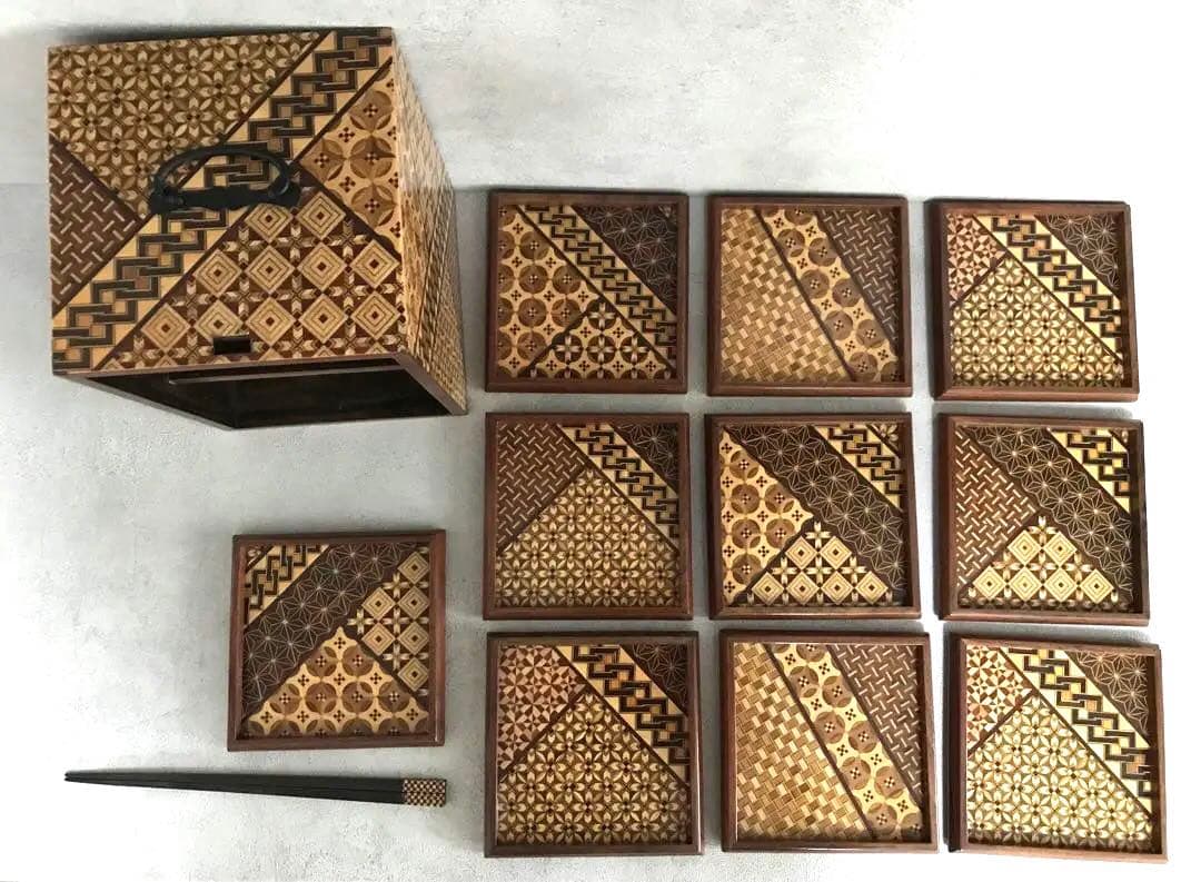 セール　箱根寄木細工　工芸品　取り皿10枚　取り箸付き(箱根駅伝トロフィー)