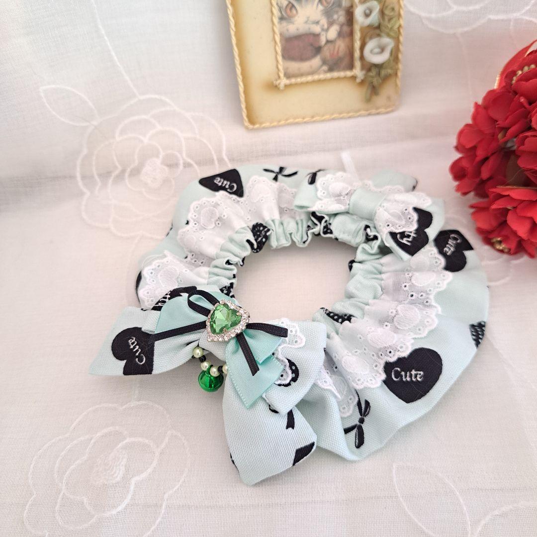 ss55、幅広シュシュバレンタインハート柄(グリーン)わんちゃん猫ちゃん用