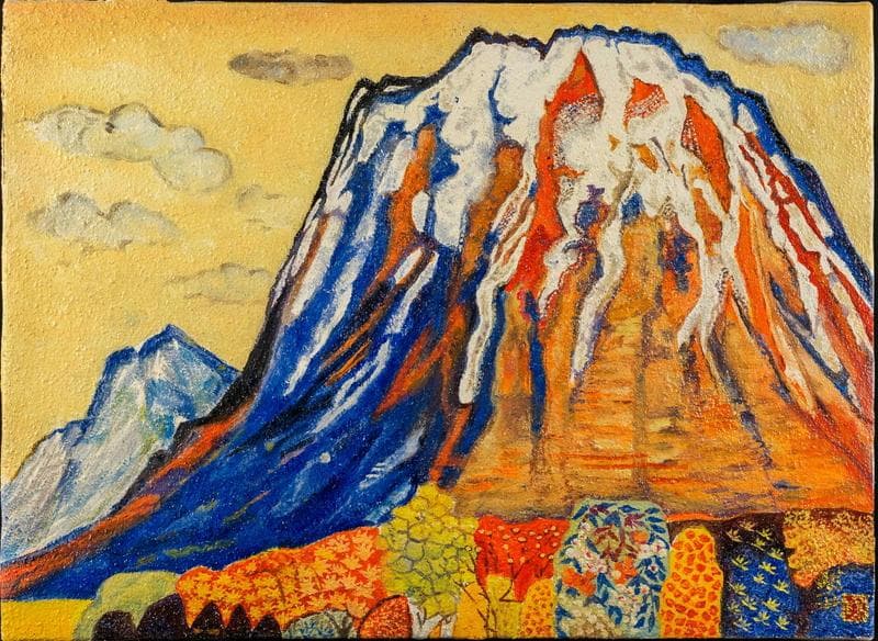 片岡球子　油彩に岩粉　肉筆『羊蹄山の秋』表と裏サイン(印譜)　P8　額　b406