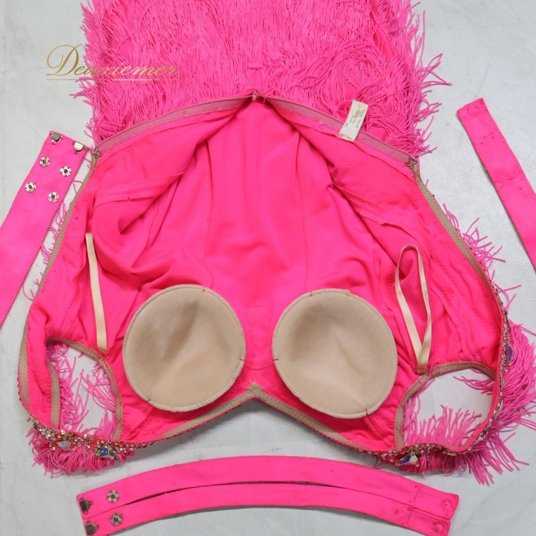 【社交ダンス衣装】ピンク ラテン ドレス ワンピース フリンジ 蛍光 デモ 競技