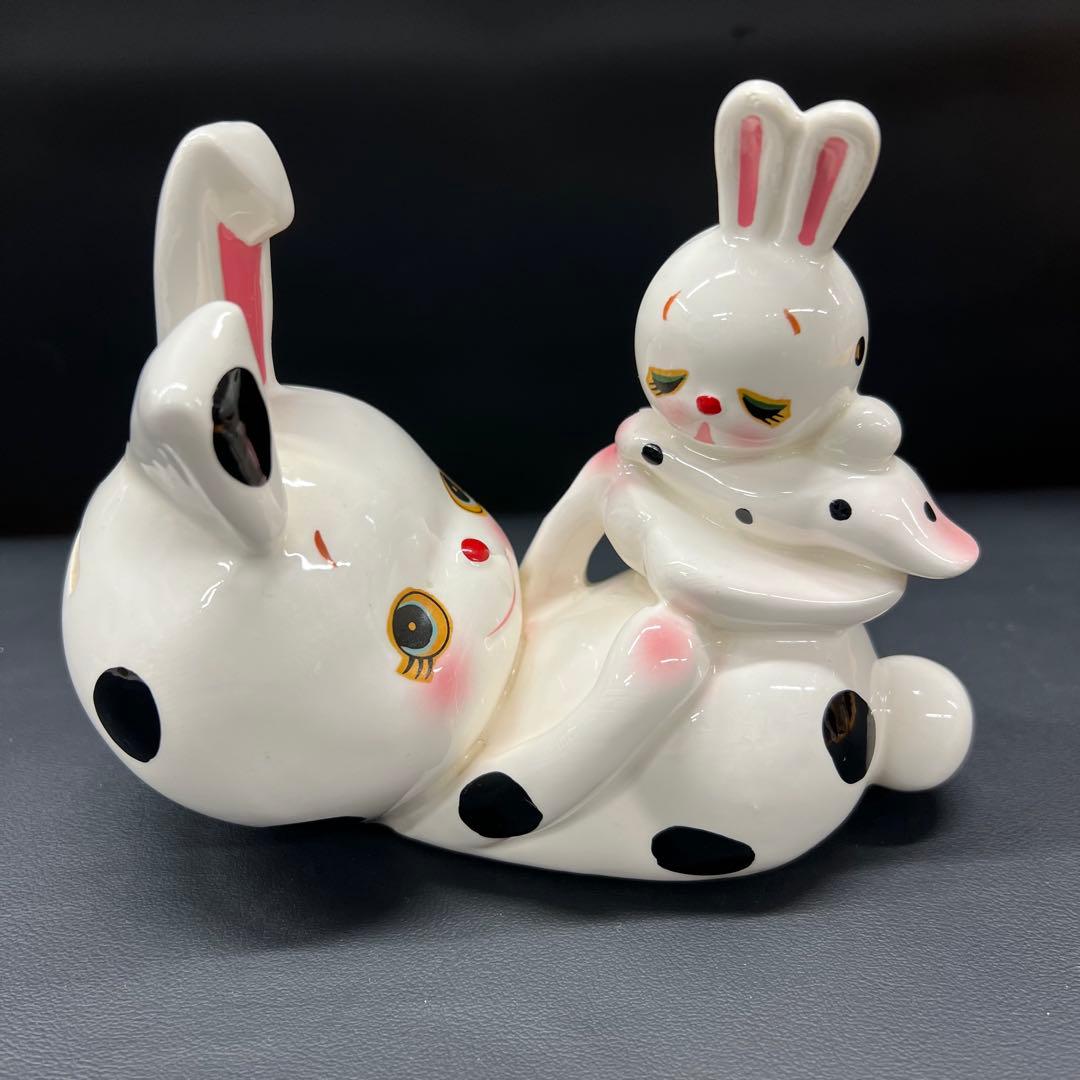 B2【used】内藤ルネ　うさぎの親子　陶器　置き物　昭和レトロ　貯金箱