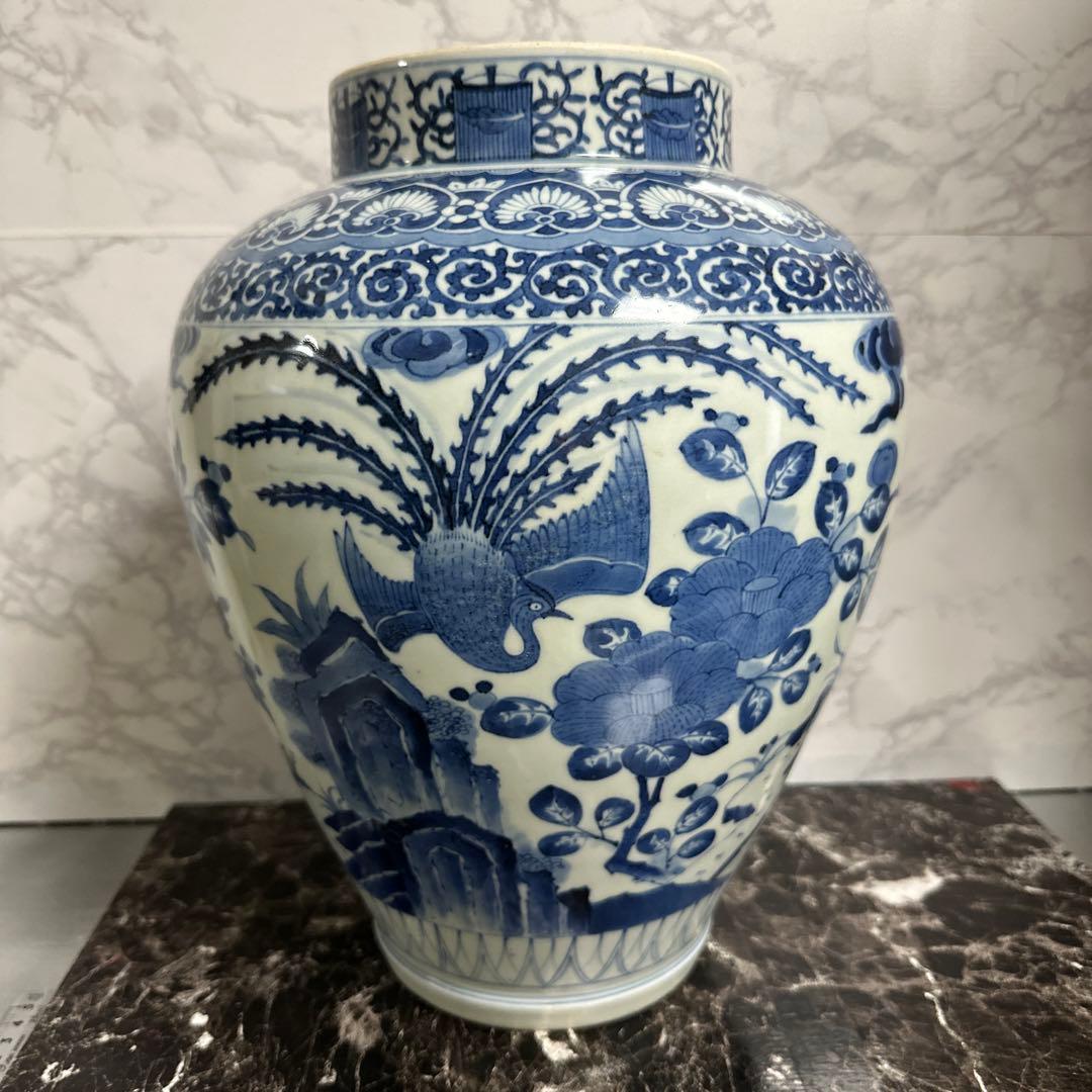 沈香壺、藍柿右衛門、染め付け、牡丹鳳凰図、