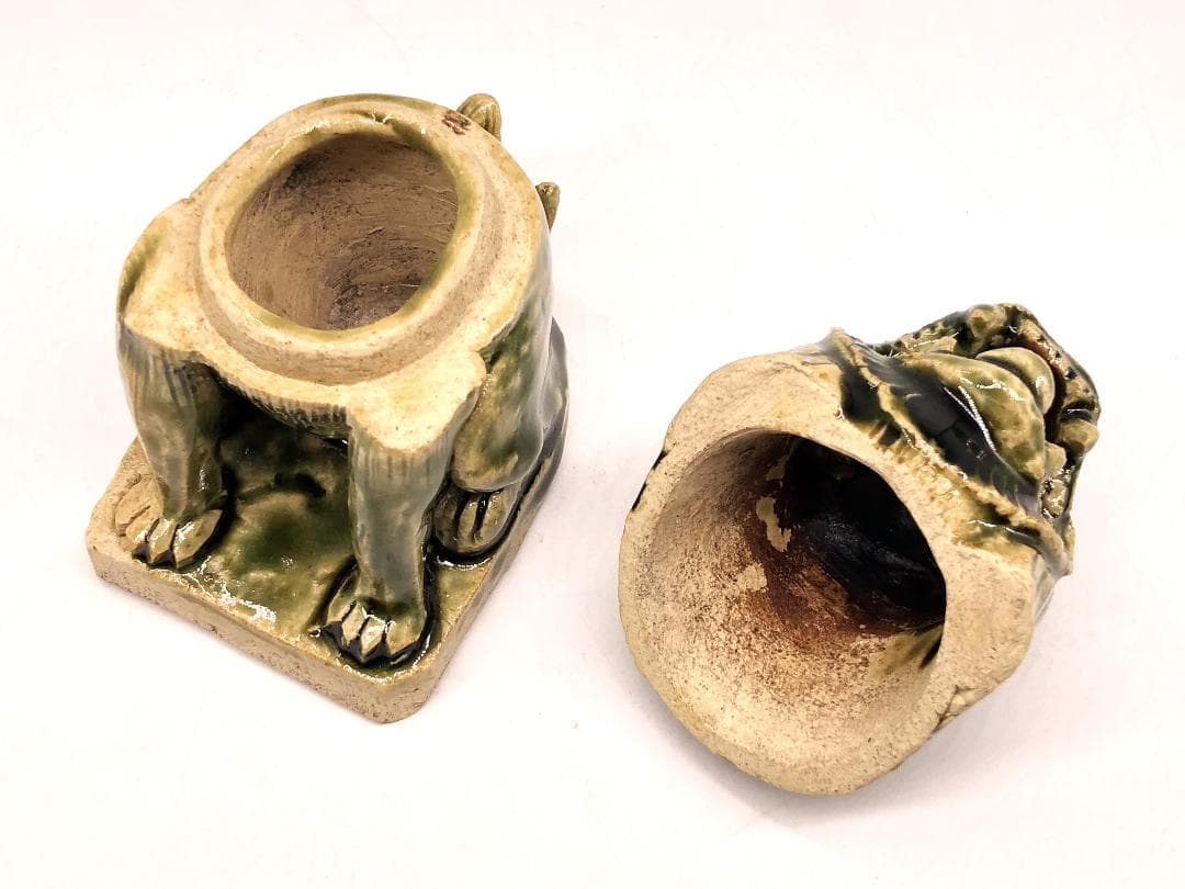 【 織部獅子香炉 】　骨董　漆塗箱付き