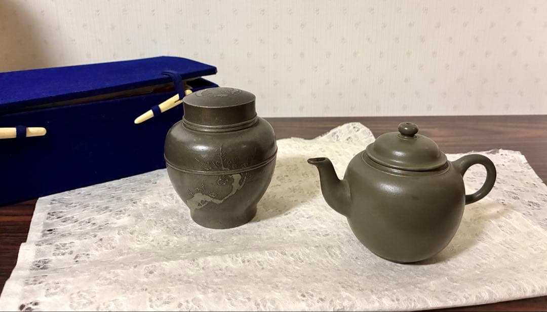 錫製茶入と陶器製急須セット ダークグリーン 茶道具 茶器 骨董品