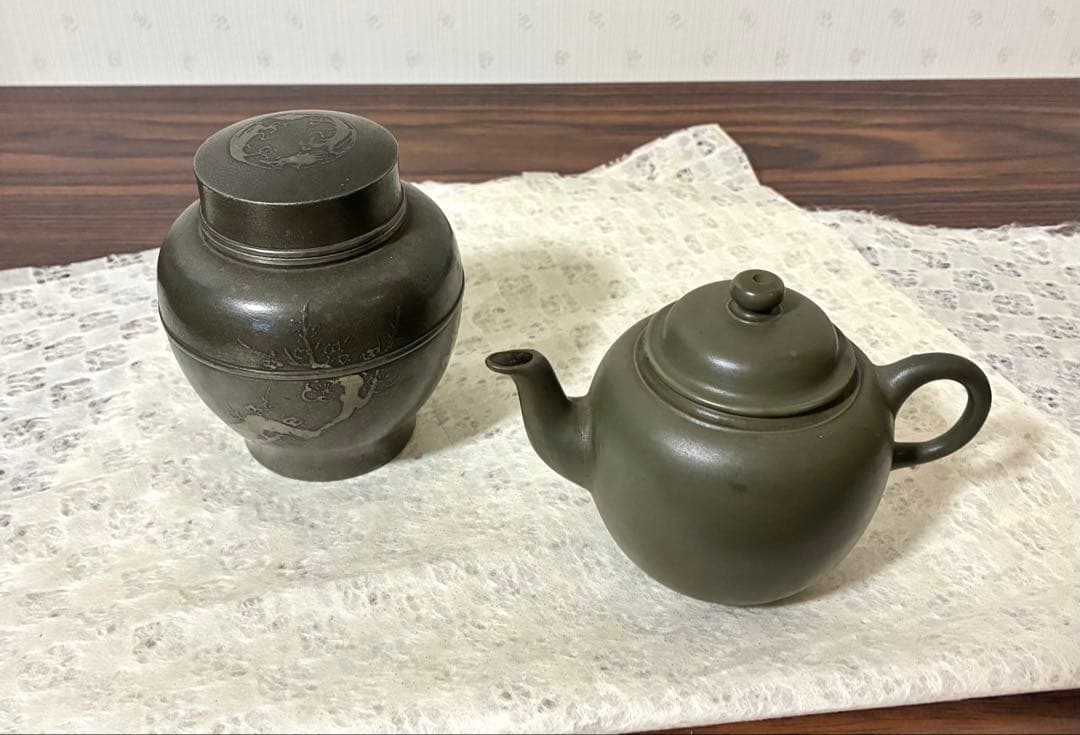 錫製茶入と陶器製急須セット ダークグリーン 茶道具 茶器 骨董品
