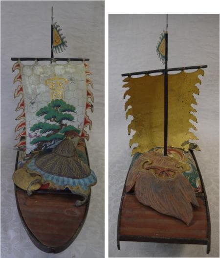 金工細工　宝舟　縁起物尽くし　45cm 迎春　笠・小判・宝珠・巻物・宝袋など