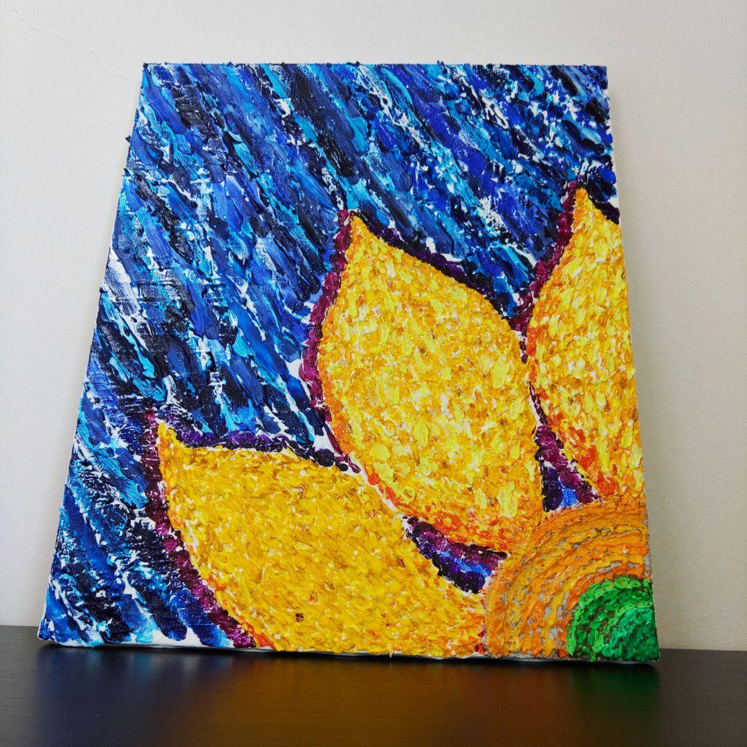 アクリル画 花 ヒマワリ　夏　青　黄色　テクスチャーアート　原画　一点もの