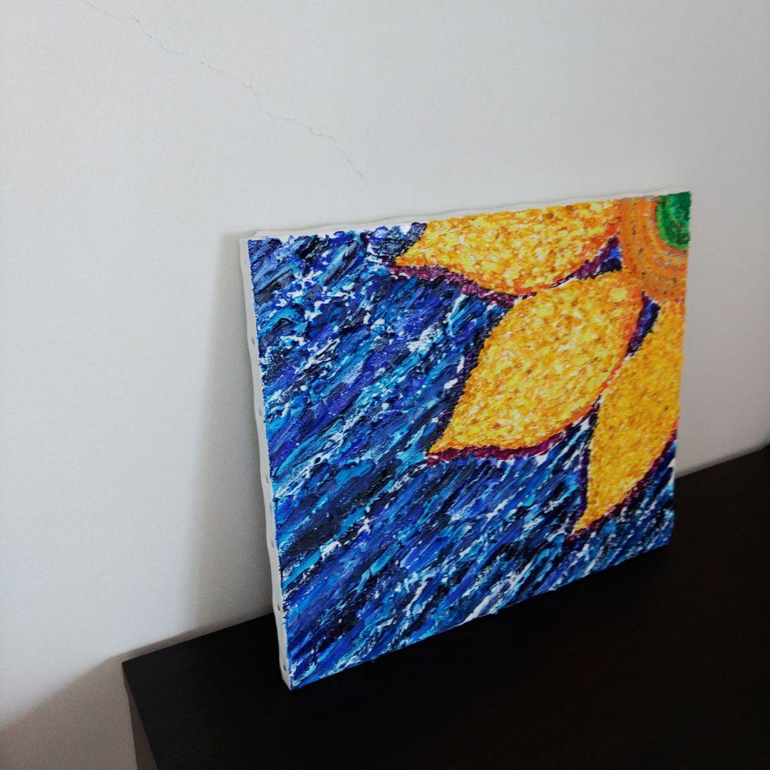 アクリル画 花 ヒマワリ　夏　青　黄色　テクスチャーアート　原画　一点もの