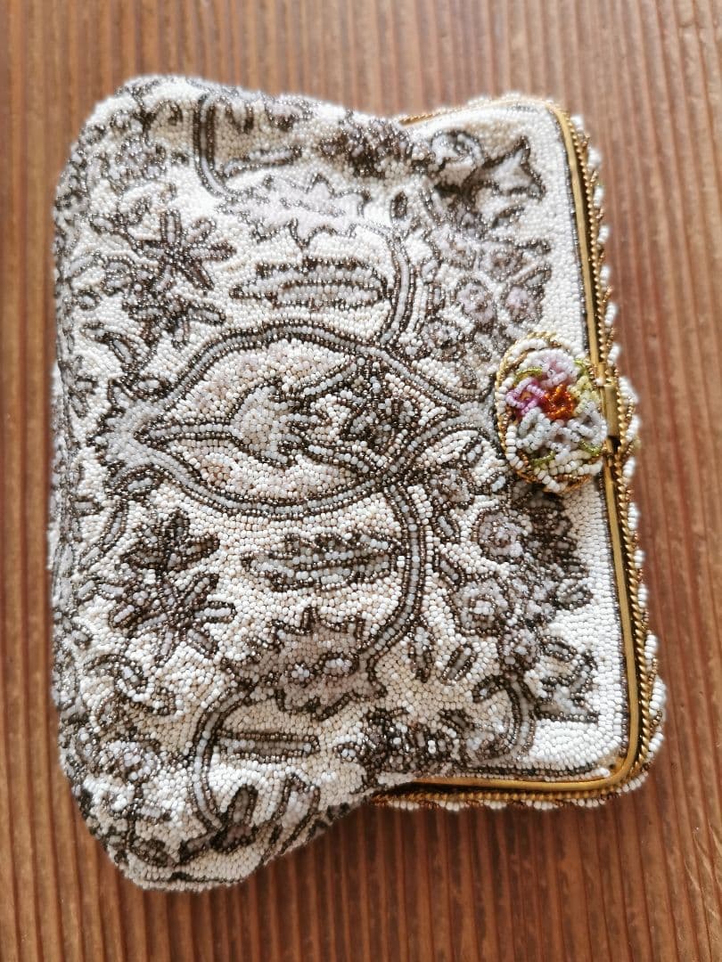 アンティーク マイクロビーズガラス 乳白透金ビーズ イブニング/パーティーバッグ