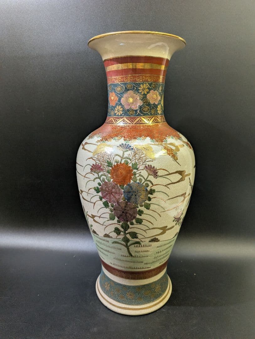 薩摩 錦風作 染錦花鳥図 飾壷 大花瓶 在銘 金彩 花瓶 壺 豪華絢爛 花詰