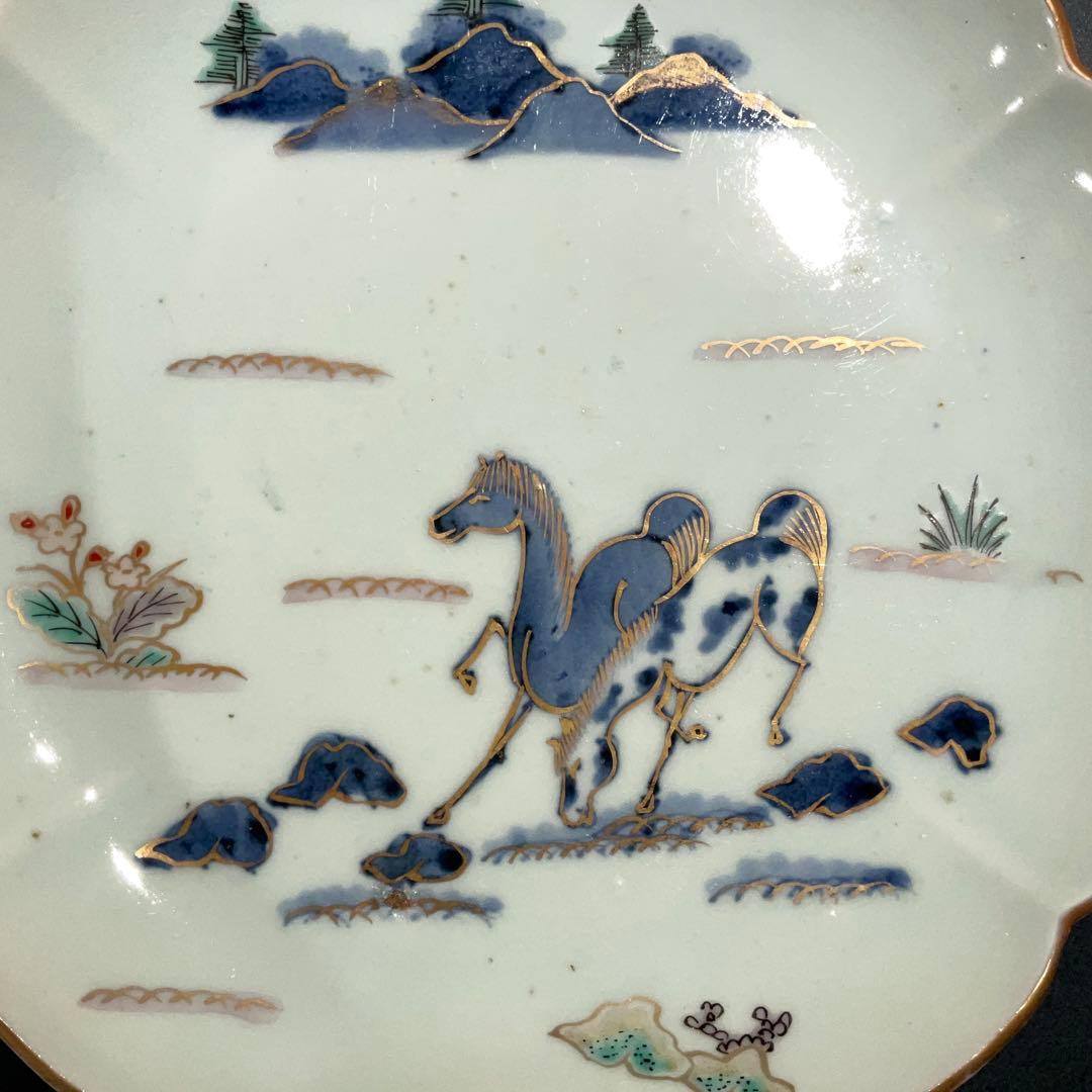 伊万里金襴手馬図変形皿　江戸　古伊万里　金直し　R0917w2ダH