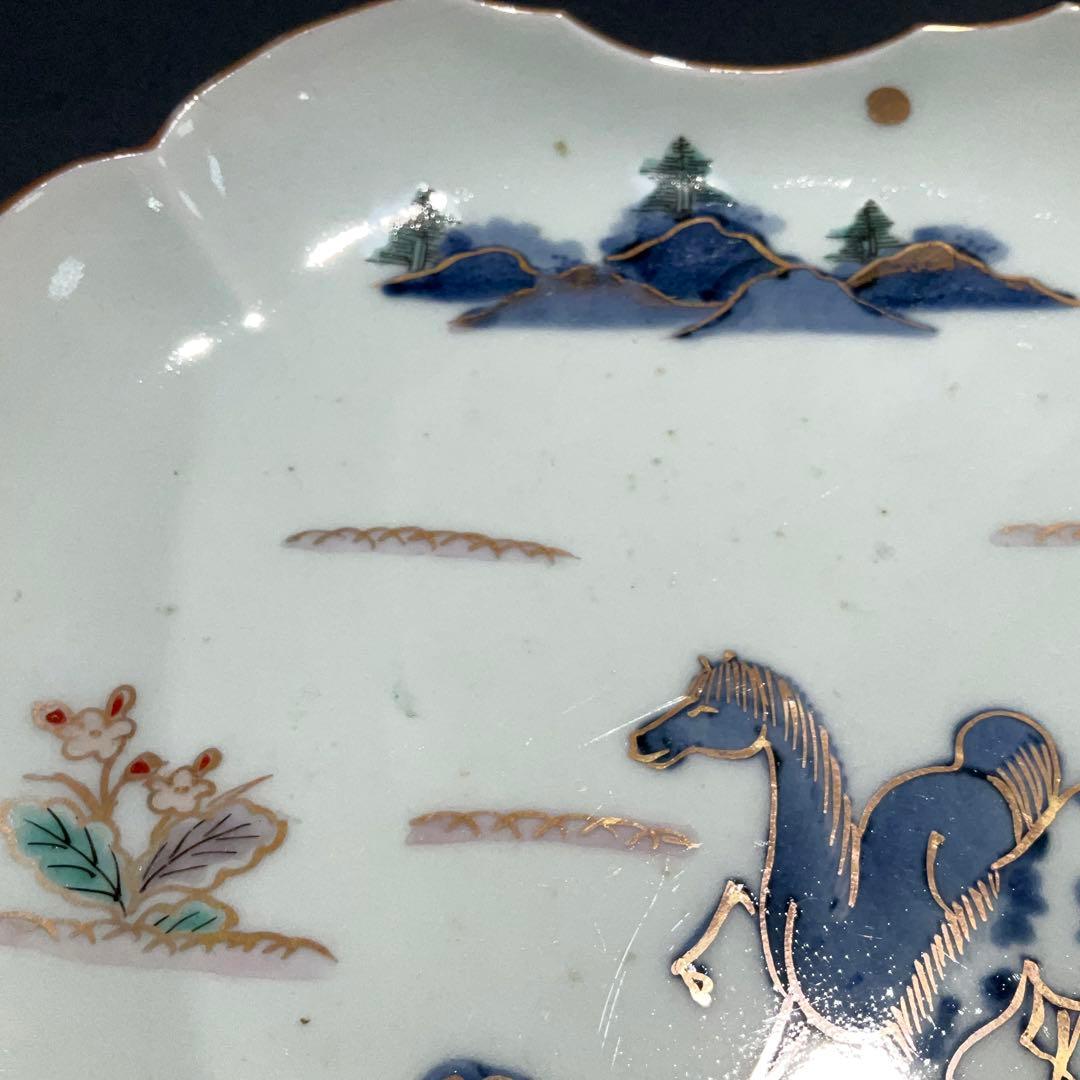 伊万里金襴手馬図変形皿　江戸　古伊万里　金直し　R0917w2ダH