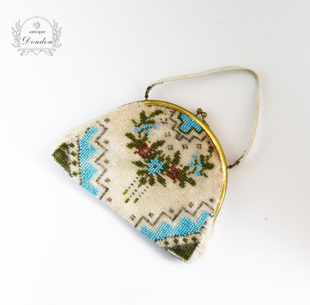 英国ヴィンテージ ビーズ刺繍 がま口バッグ【sa843】