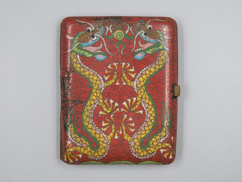 【琺】　★ 景泰藍 銅胎琺瑯彩金龍紋煙盒 ★　清代　双龍戯珠 七宝文様　文房珍玩