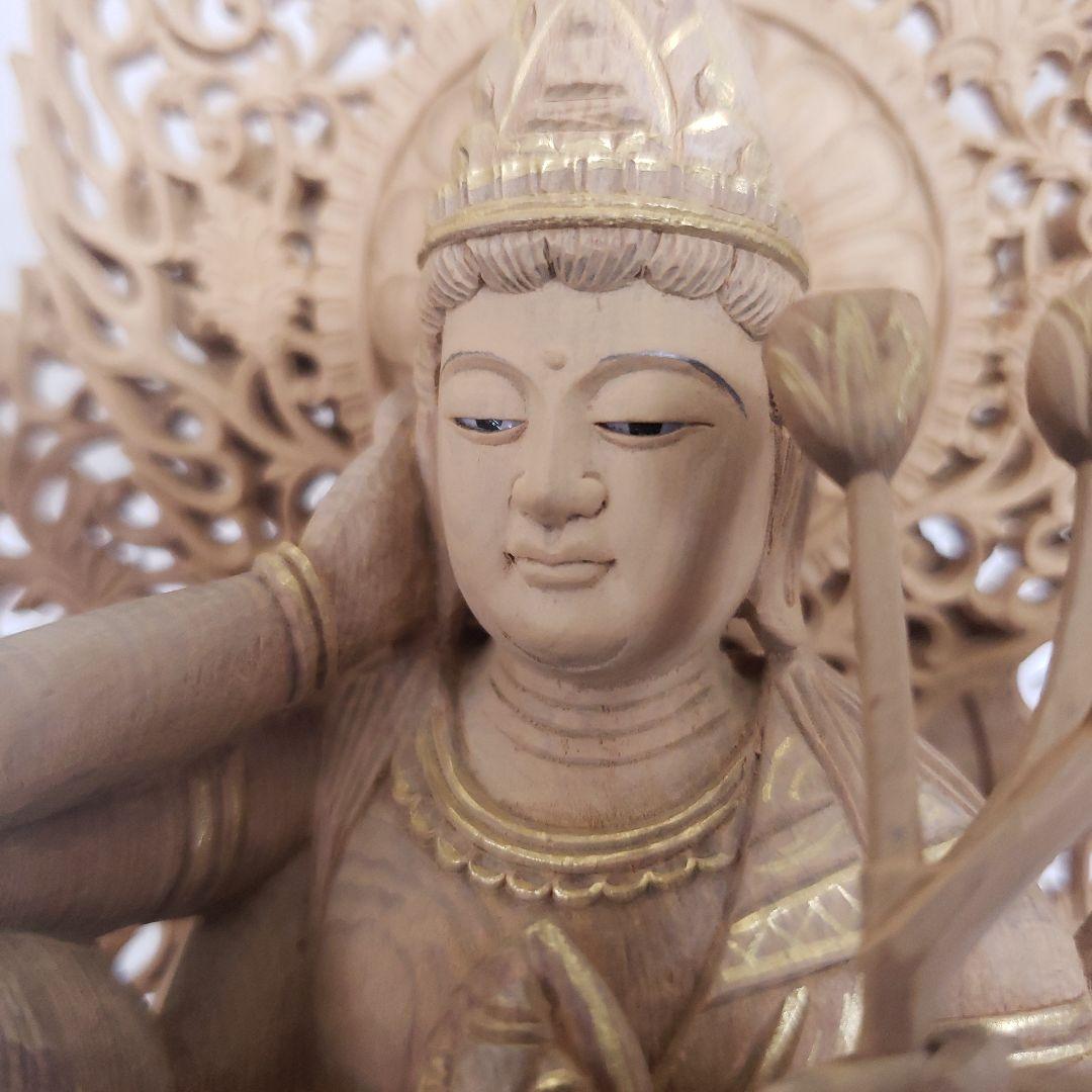 Ｂフライデー蔵出し特価香木 特上彫り如意輪観音菩薩像2.5寸眼入り 二重唐草光背