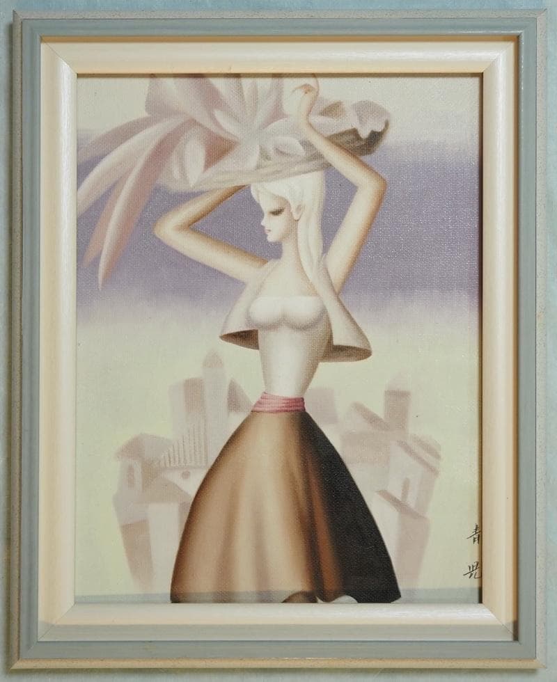 【値下げ】人物画　油絵　東郷青児　婦人像　F6　額付き　手描き　肉筆