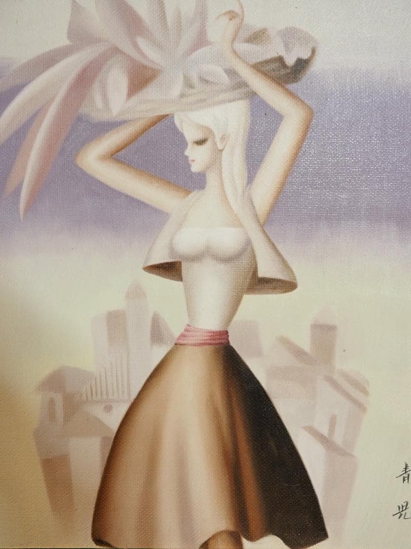 【値下げ】人物画　油絵　東郷青児　婦人像　F6　額付き　手描き　肉筆