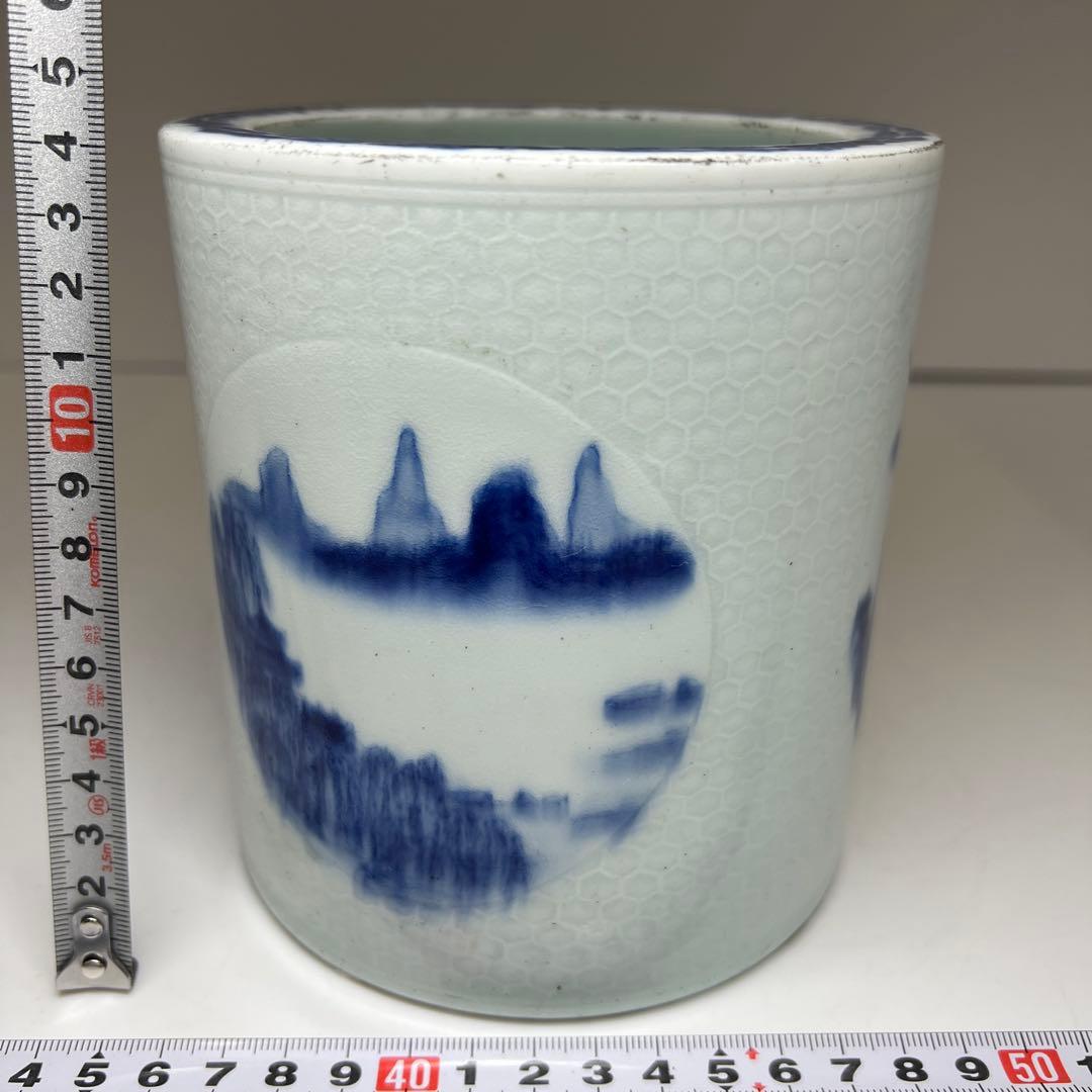 中国清時代　大清雍正年製　青花筆筒　高さ14㎝　東Y7-1003⭐︎2Fタサオ