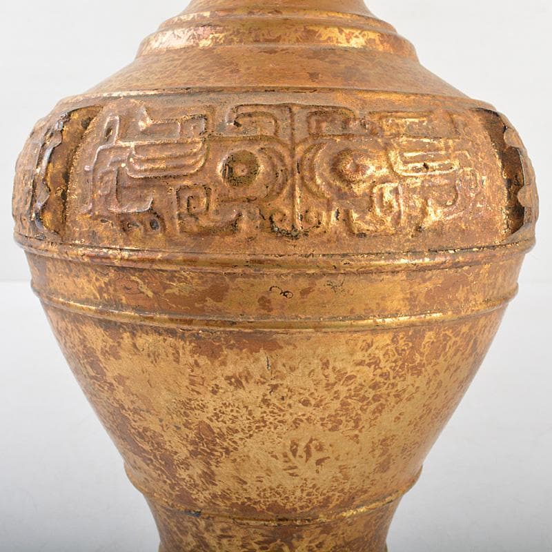 中国　古銅鍍金　饕餮文　双獣耳瓶　M　R6800