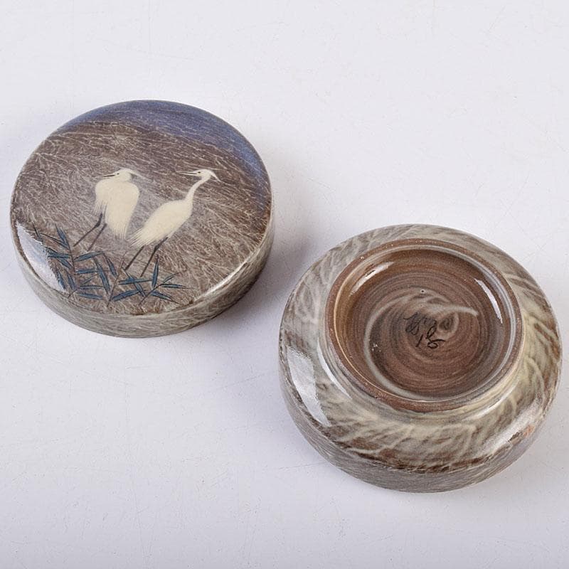 茶道具　臥牛窯　十三代　横石臥牛作　白鷺文　香合　共箱　Z　8496