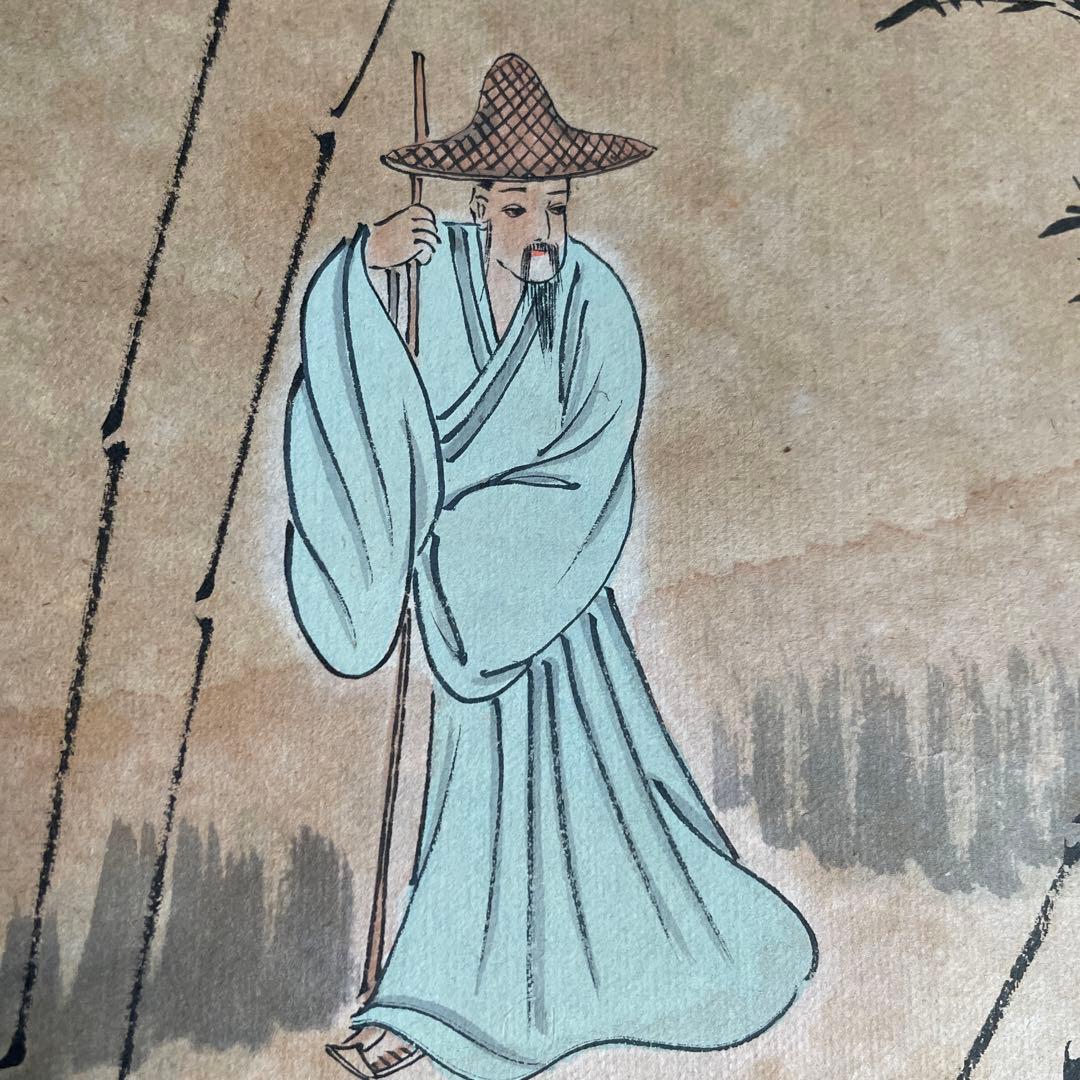 中国　掛け軸　飼鶴図　梁振洲　飼鶴図