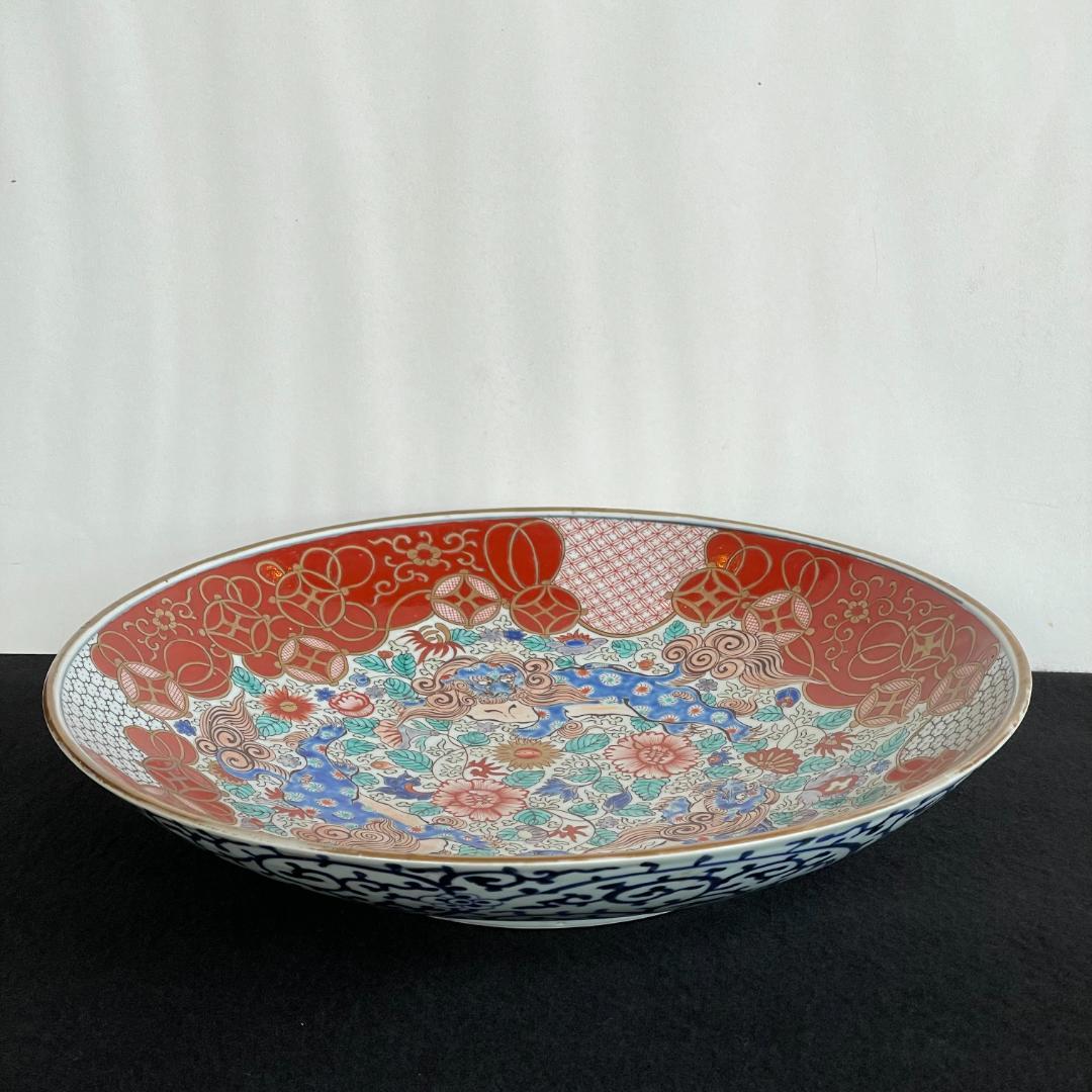 極上 古伊万里 大皿 金蘭手 江戸期 唐獅子 牡丹図 七宝文 紗綾形風 飾皿
