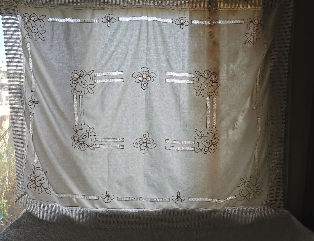 アンティークイタリア 淡いピンク 花刺繍＆ドローンワーク クロシェレースクロス