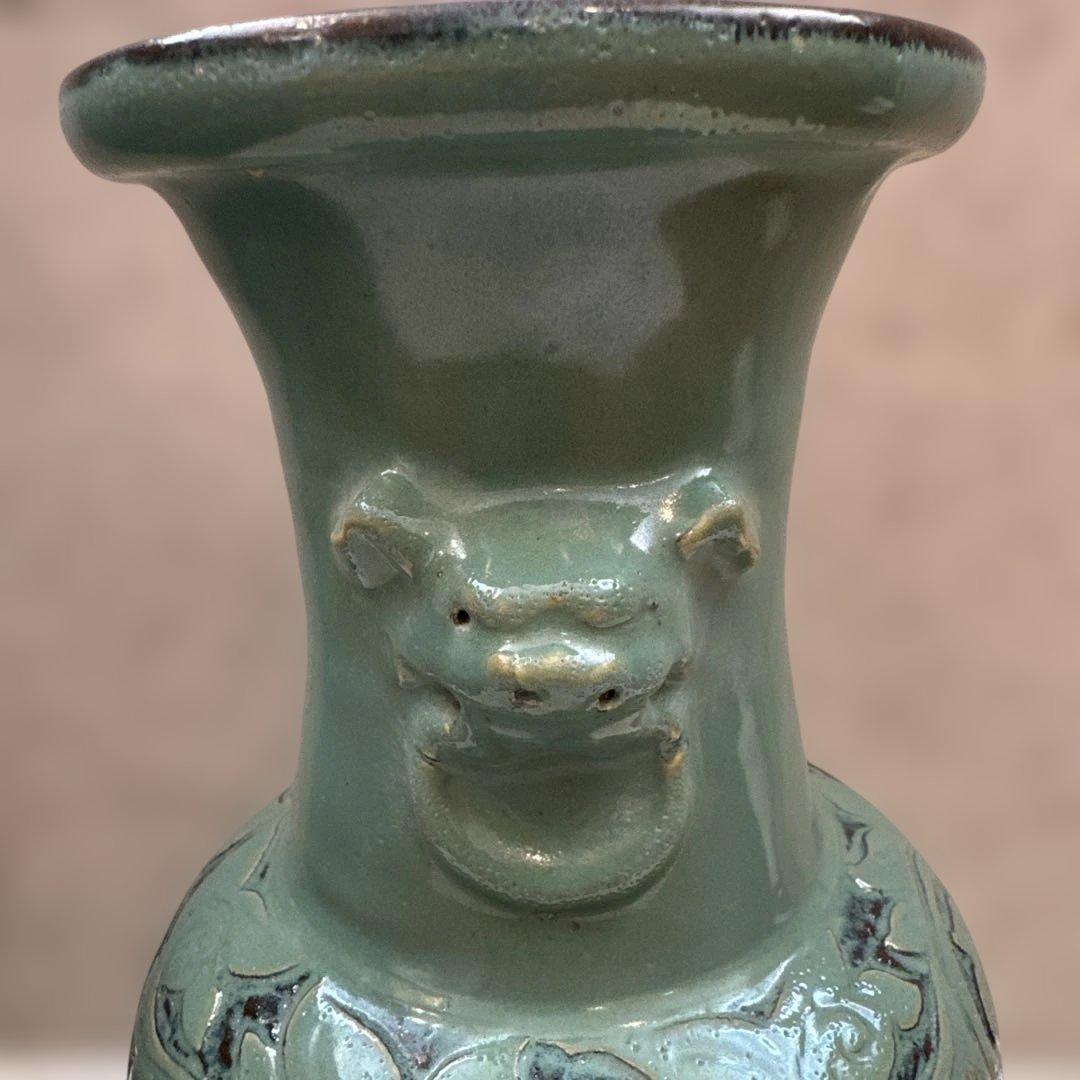 壺屋焼.小橋川永弘.緑釉.唐草.掻き落とし.線彫り.ビンテージ