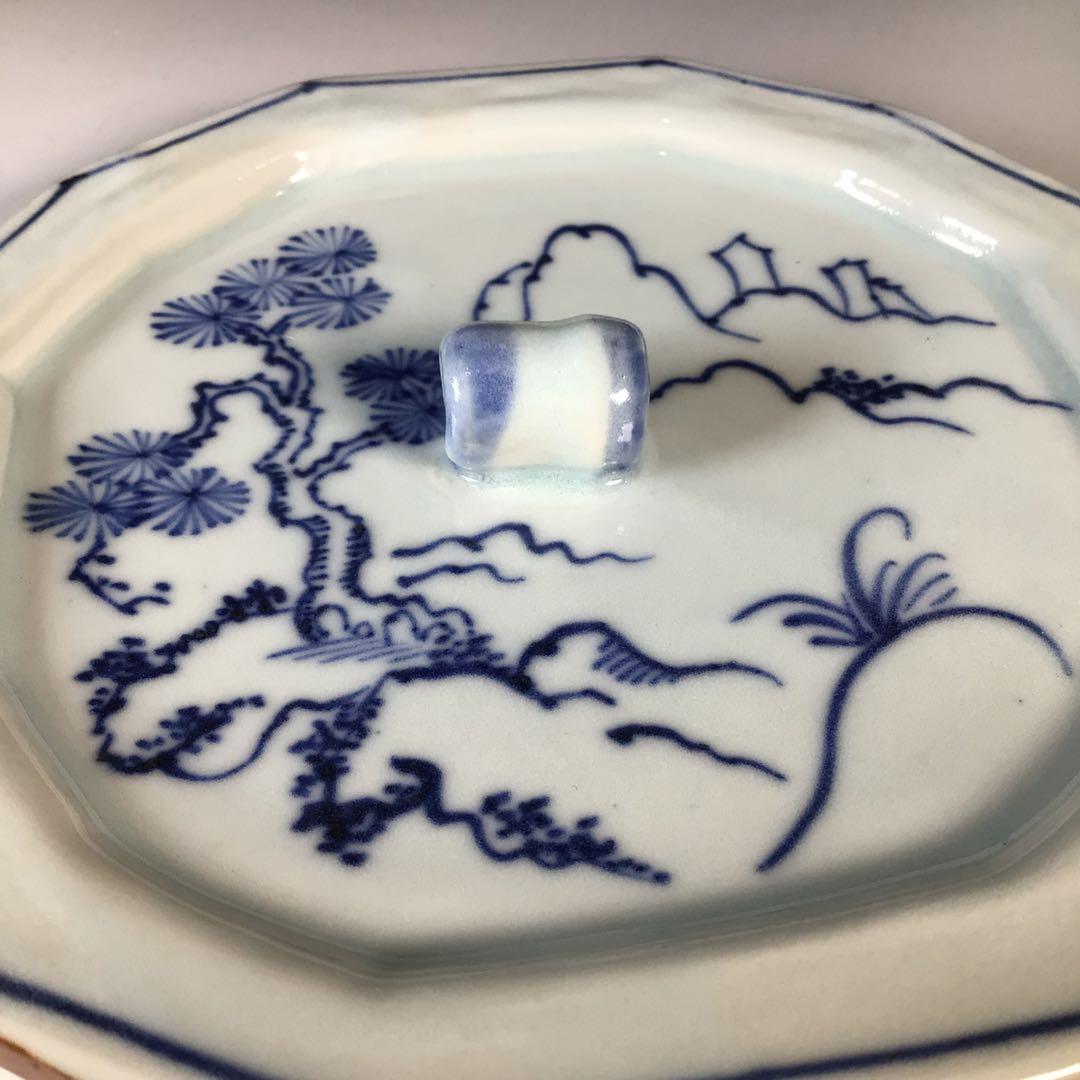 Ｍ７７７　水指　『凌山造』『染付山水人物文』『呉須十二角水指』　共箱　茶道具