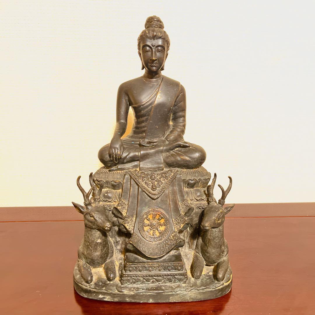 【希少】釈迦如来坐像 初転法輪 鹿野苑 仏像 青銅調 骨董 縁起物 オブジェ