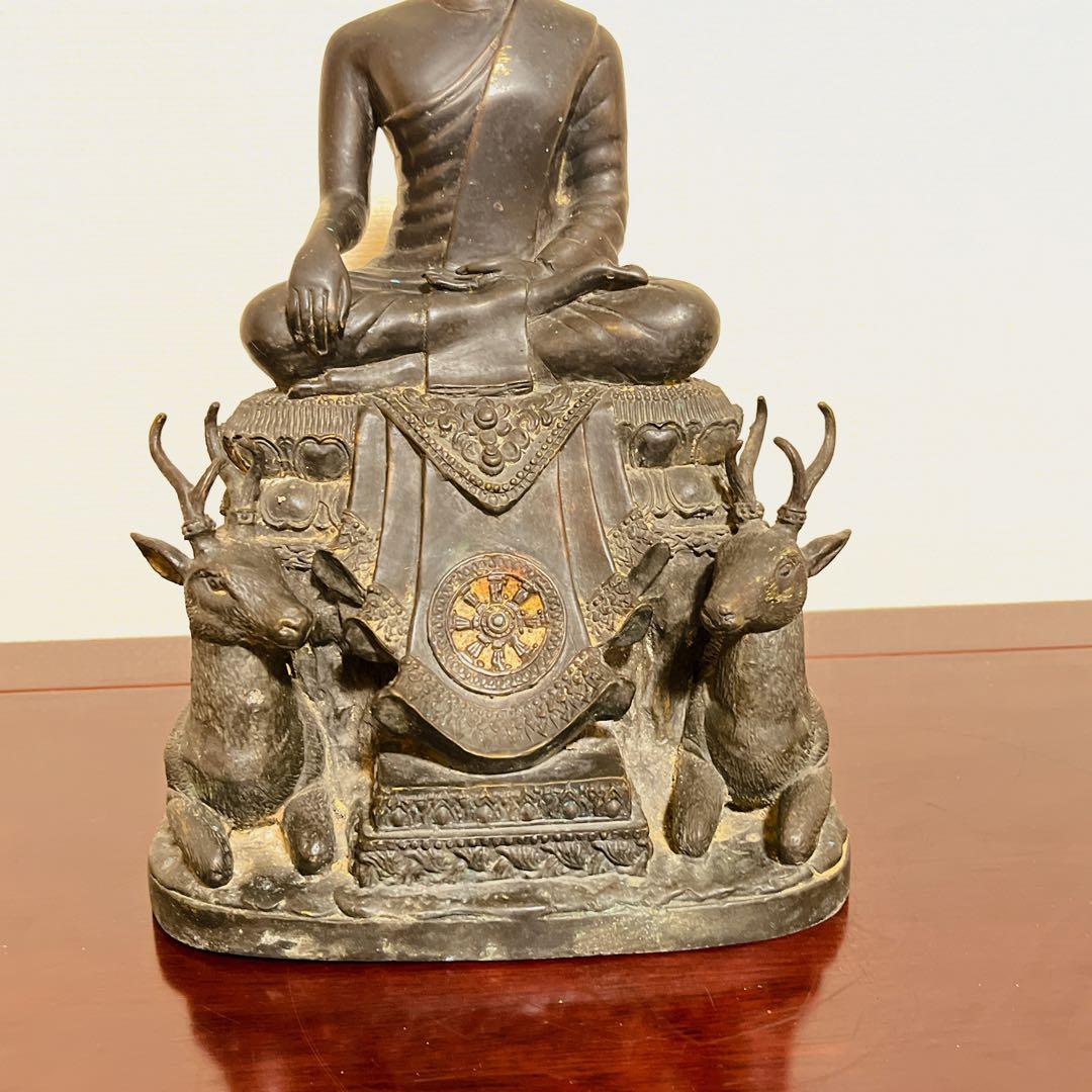 【希少】釈迦如来坐像 初転法輪 鹿野苑 仏像 青銅調 骨董 縁起物 オブジェ