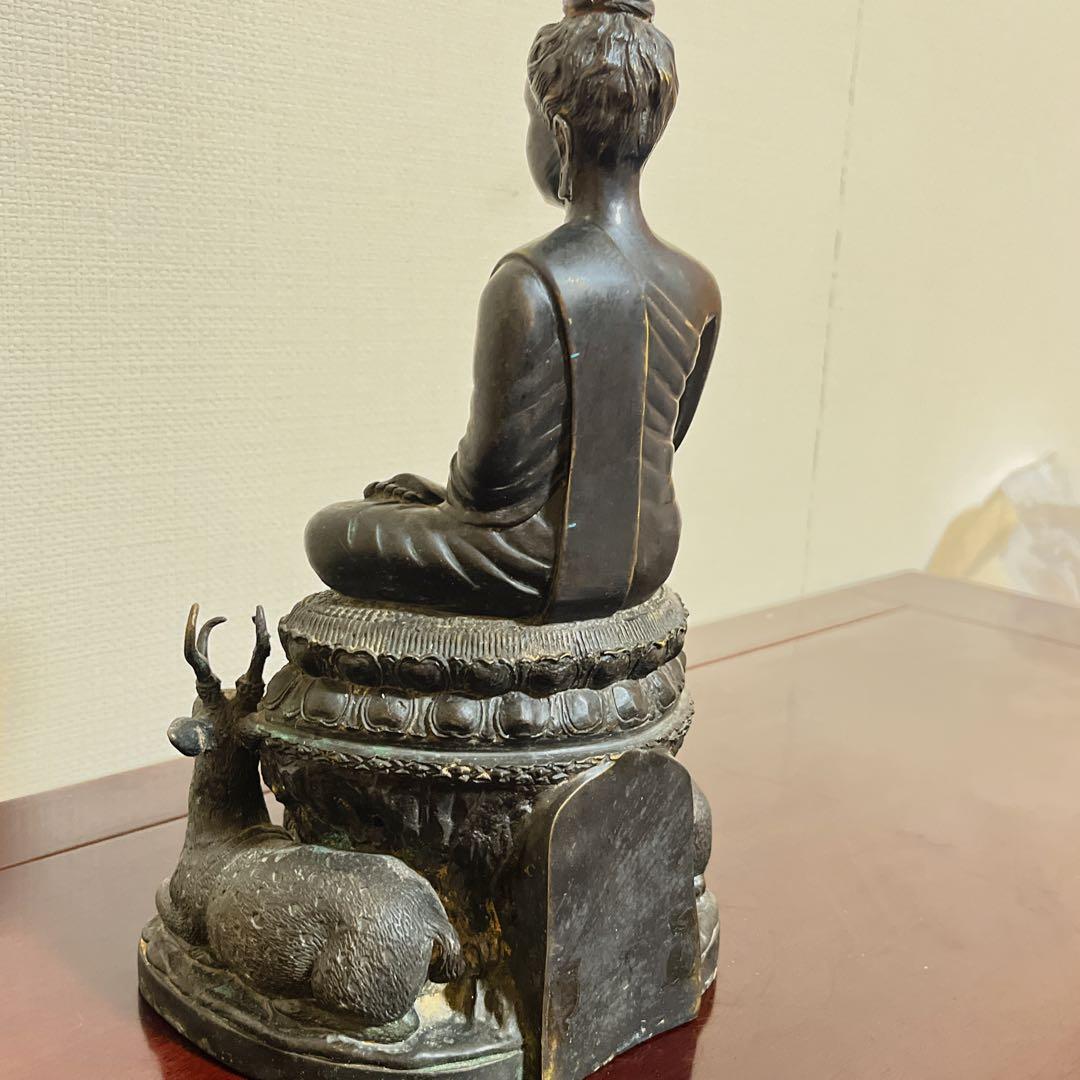 【希少】釈迦如来坐像 初転法輪 鹿野苑 仏像 青銅調 骨董 縁起物 オブジェ