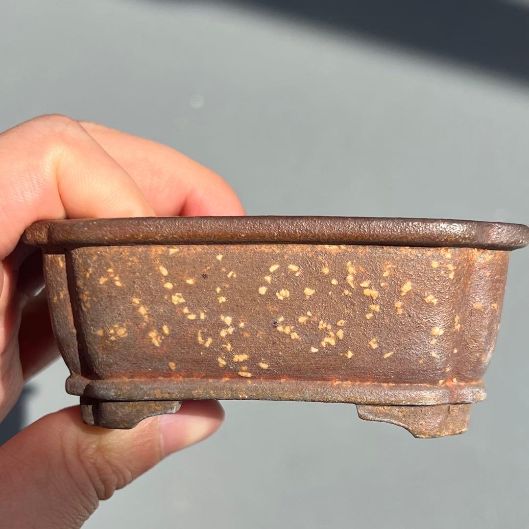 736.平安虹泉 梨皮紫泥隅角段足長方 盆栽鉢 植木鉢 9.4*7.6*4cm