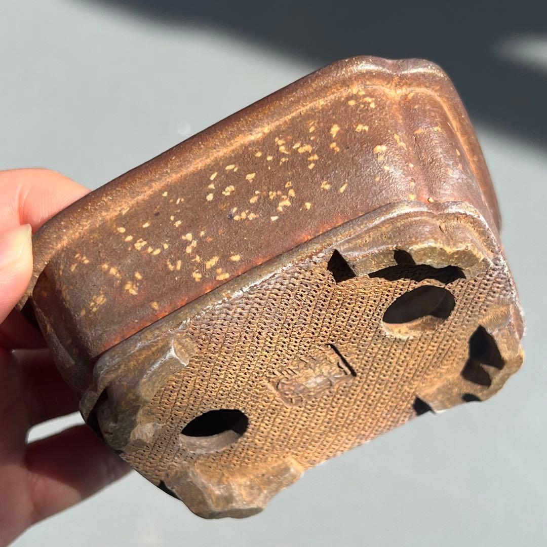 736.平安虹泉 梨皮紫泥隅角段足長方 盆栽鉢 植木鉢 9.4*7.6*4cm