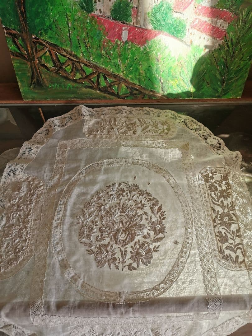 アンティーク フランス 美しい盛上刺繍 ノルマンディーレース 象牙色アイボリー