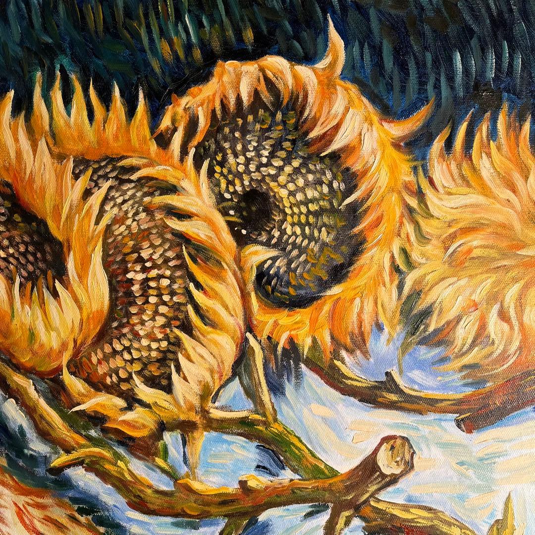 ★秀作★ （大）手書き油絵 ゴッホ 4本の切ったひまわり 肉筆絵画 額付 油彩画