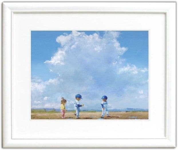 櫻井幸雄　額縁付き複製画　少年野球「雨上がりの球場」　リトルリーグ　桜井幸雄