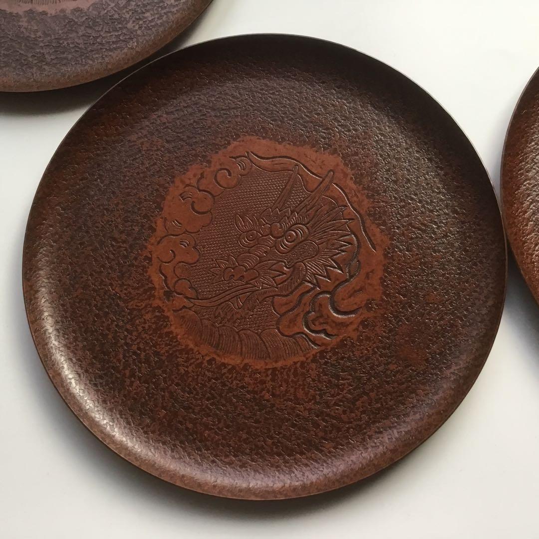 銅皿　龍模様　五枚　伝統工芸手打品　茶道具　青海盆　銘々皿　手づくり