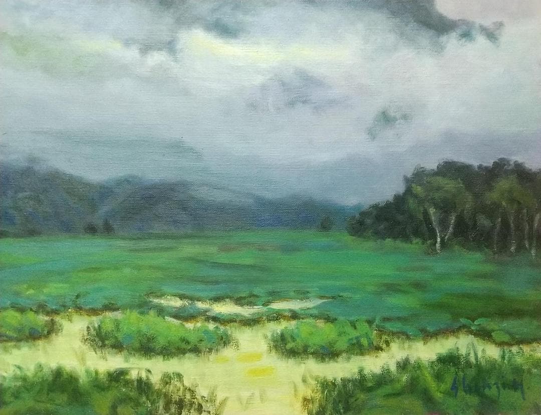 「朝霧（尾瀬ヶ原）」F15 1985 油絵 油彩画 絵画 アート 風景画 尾瀬