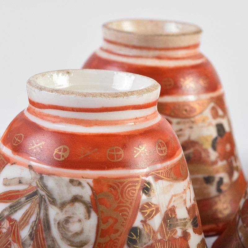 九谷焼　古九谷　赤絵金彩　人物花文　煎茶碗　五客　時代箱付　U　R9306