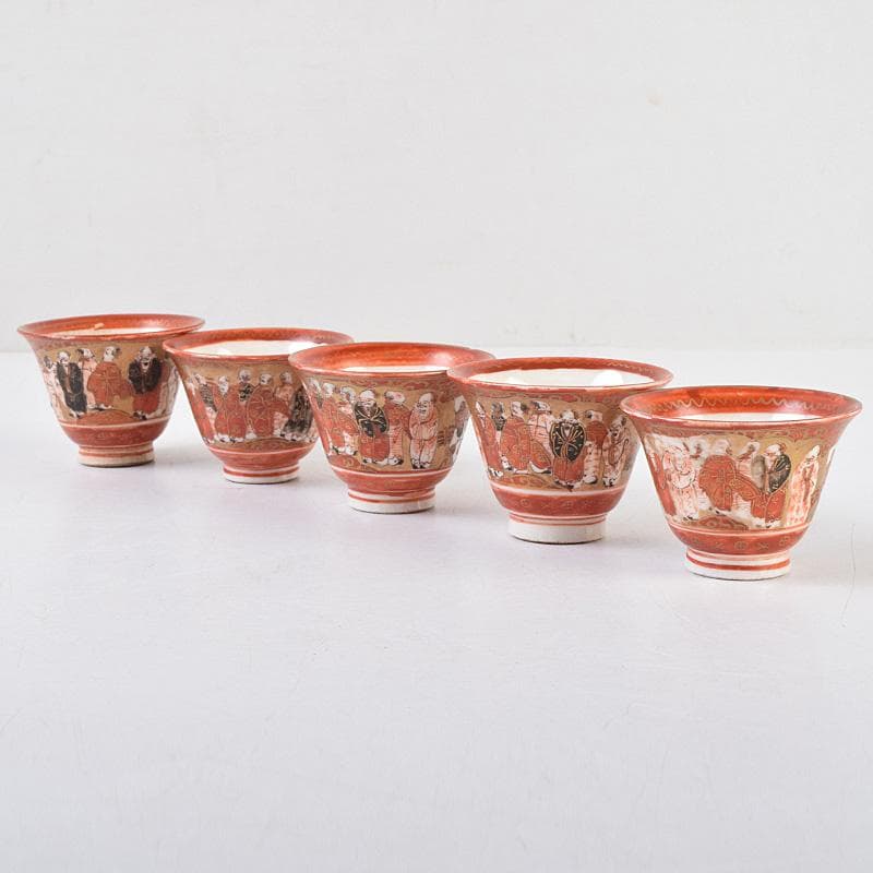 九谷焼　古九谷　赤絵金彩　人物花文　煎茶碗　五客　時代箱付　U　R9306