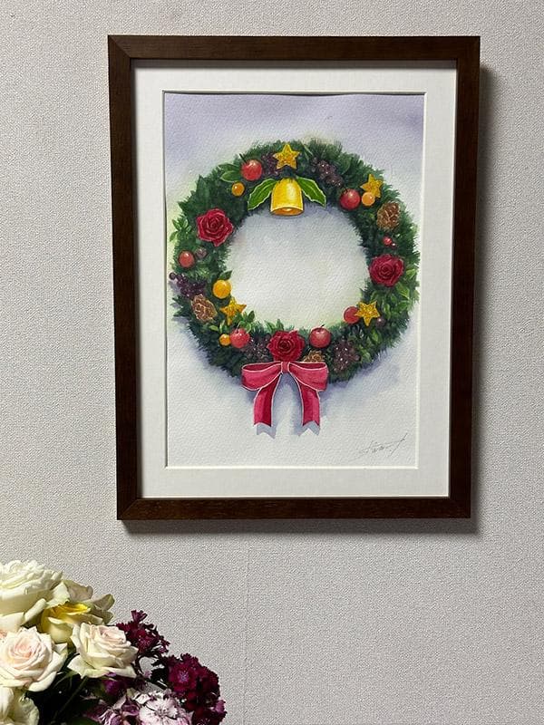 水彩アート「クリスマスリース」１点物、手描き、真筆。