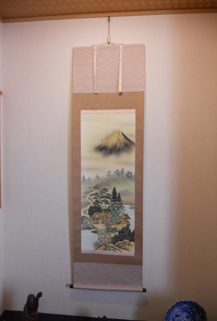 掛け軸 西村千里 吉祥開運 黄金富士図 絹本 希少 軸装 茶道具 掛軸 美品