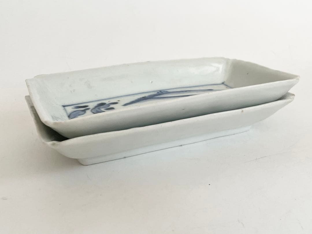 骨董　アンティーク　古伊万里　染付　水車波文様　長方皿　長皿　料理　懐石　2枚