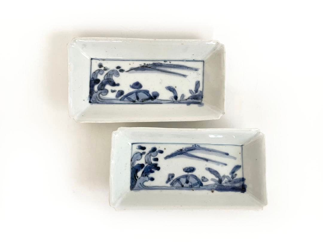 骨董　アンティーク　古伊万里　染付　水車波文様　長方皿　長皿　料理　懐石　2枚