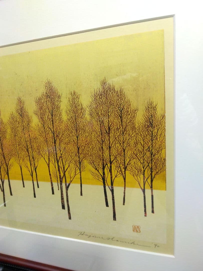 木版画 並木一 『木の風景』tree scene 直筆サイン　1990年　金箔